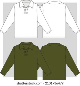 Kids Boys Polo Full Sleeve T Shirt Flat sketch Front and Back