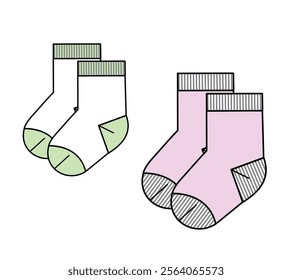 Kids boys socks technical flat design vector mockup template.