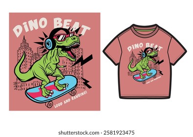 Crianças, meninos, criança, t-shirt, t-shirt, tee, moda, dino, dinossauro, fone de ouvido, batida de música, gráfico de colocação, crianças, impressão, vetor, arte