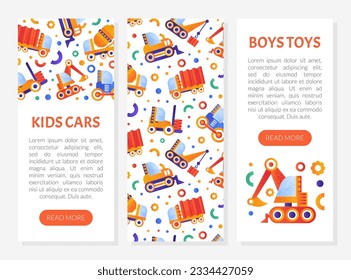 Plantilla de página web de juguetes para niños. Página de aterrizaje de la tienda de juguetes, aplicación móvil con maquinaria de construcción linda, vehículos sin costura patrón de vector plano