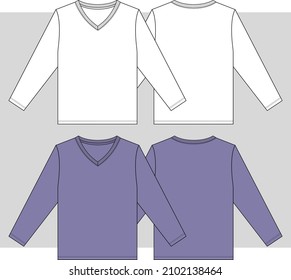 Kids Boys V neck Neck Full Sleeve T Shirt Flat sketch Front and Back