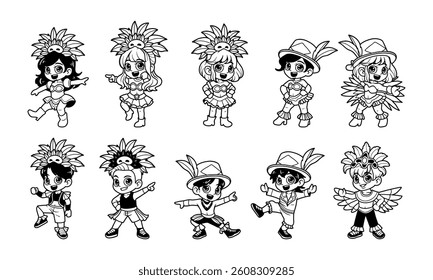 Kids brazilian with party outfit outline vector illustration set