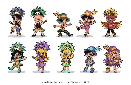 Kids brazilian with party outfit vector illustration set