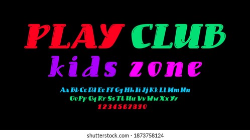 Kids bright font, alphabet in the cartoon style, multicolored trendy uppercase italic lowercase Latin letters from A to Z and Arab numbers from 0 to 9, vector illustration 10eps