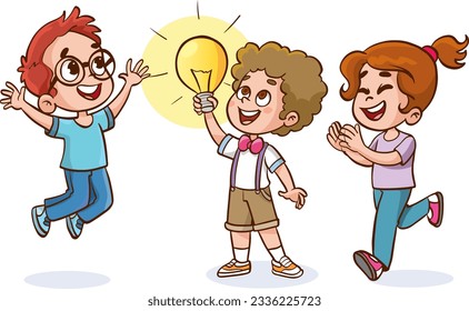 kids with brilliant ideas .happy cute little kid girl with idea lamp sign.