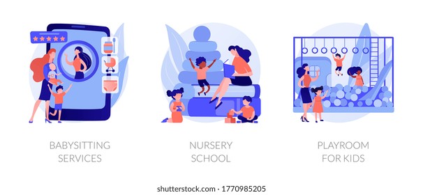 Kids bringing up and leasure time abstract concept vector illustration set. Babysitting services, nursery school, playroom for kids, personal childcare help, pre-school program abstract metaphor.