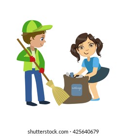 Kids With Broom And Binbag Bright Color Simple Style Flat Vector Illustrations On White Background