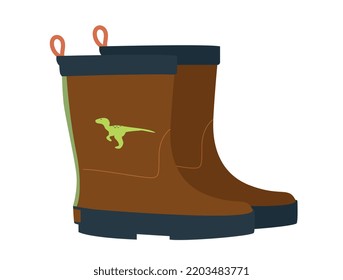 Kids brown boots. Footwear for girls with cute green dinosaur. Protection from cold, rain and precipitation, element of clothing for autumn and winter seasons. Cartoon flat vector illustration