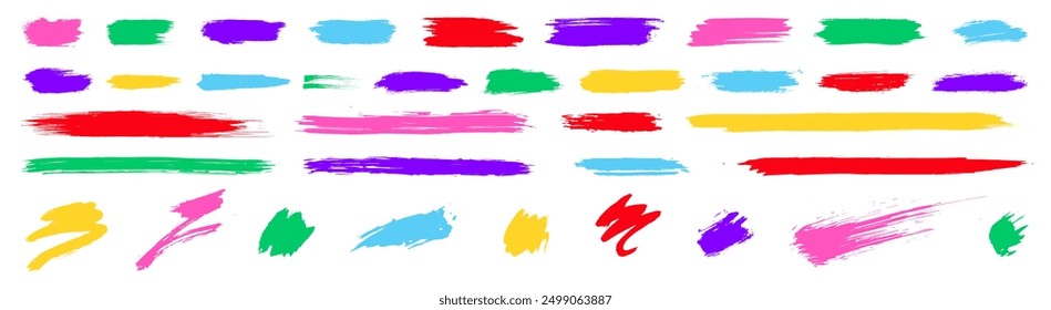 Kids brush line set. Vector abstract childish scribbles, brushstrokes. Textured paint stripes, borders, highlights. Graffiti pattern bg. Hand painted marks. Isolated doodle vector elements collection