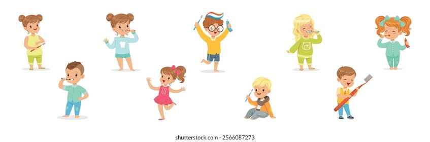 Kids Brushing Teeth Enjoy Oral Hygiene Routine Vector Set