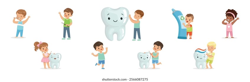 Kids Brushing Teeth Enjoy Oral Hygiene Routine Vector Set