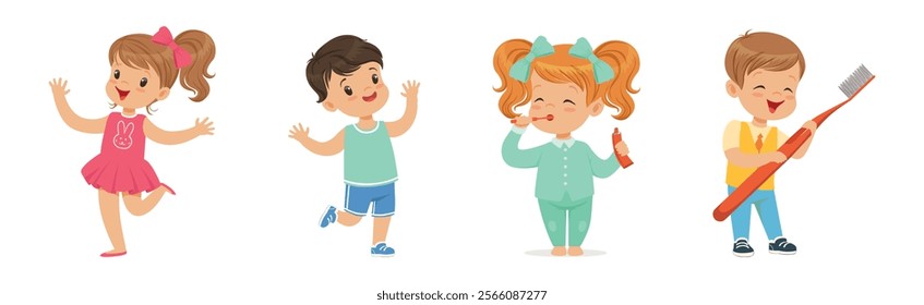 Kids Brushing Teeth Enjoy Oral Hygiene Routine Vector Set