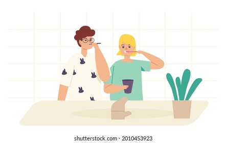 Kids Brushing Teeth, Happy Brother and Sister Family Characters with Toothbrush and Paste Dental Hygiene Procedure, Morning Routine, Children Oral and Health Care. Cartoon People Vector Illustration