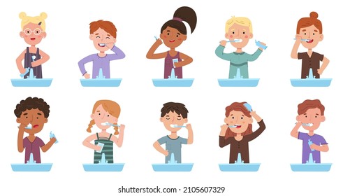 Kids brushing teeth, healthy habits for children dental health. Cute boys and girls tooth brushing routine vector illustration set. Cute children oral hygiene. Care for smile use toothbrush
