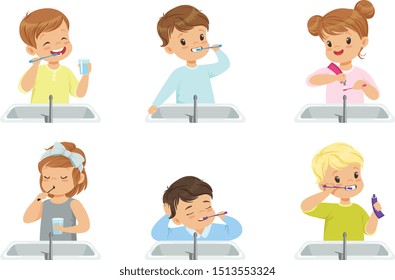 Kids brushing teeth set, cute boys and girls caring for their teeth in bathroom vector Illustration on a white background