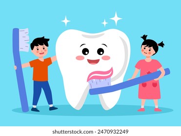 Kids brushing a tooth cartoon character in flat design.