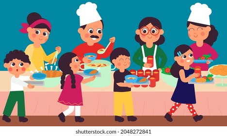 Kids buffet concept. School canteen, chefs giving food for children. Students on lunch, people eat in cafe. Dinner time decent vector concept