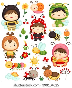 Kids in Bugs Costume Vector Set