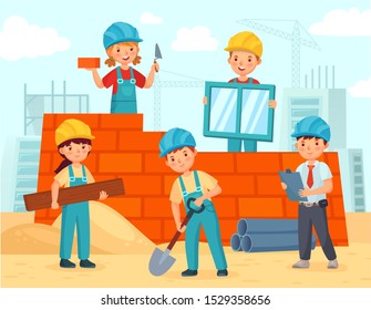 Kids build construction. Little workers in helmets build building from bricks, funny kids teamwork and kid engineer build house. Architecture construction teamwork children vector illustration