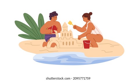 Los niños construyen un castillo de arena en la playa durante las vacaciones de verano. Los niños juegan con castillos de arena, palas y baldes a costa del mar. Diversión junto al mar para niños y niñas. Ilustración vectorial plana aislada en fondo blanco