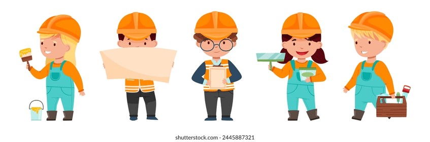 Kids Builder Character Wearing Uniform and Hardhat with Professional Tool Vector Set