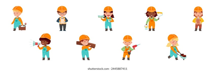 Kids Builder Character Wearing Uniform and Hardhat with Professional Tool Vector Set