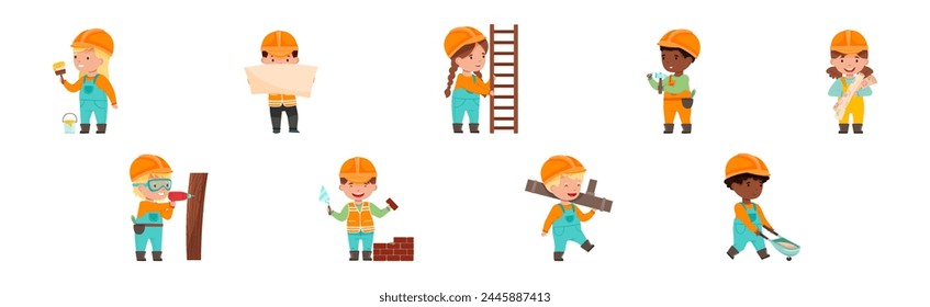 Niños Constructor de Personaje que Lleva Uniforme y Hardhat con Herramienta de Profesional Conjunto de Vector