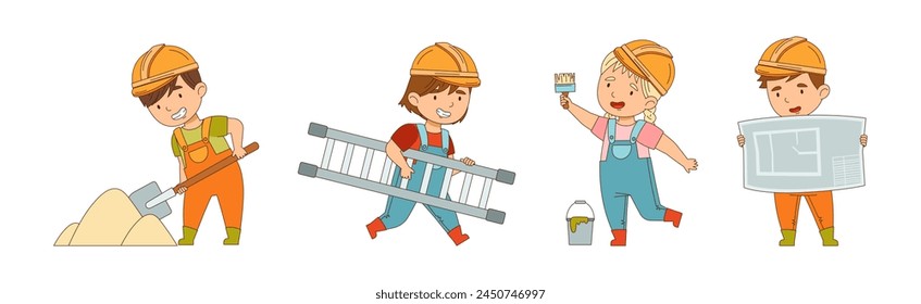 Kids Builder Charakter Tragen Uniform und Hardhat mit Professionellen Tool Vektorgrafik Set