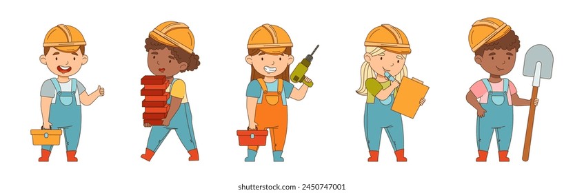 Niños Constructor de Personaje que Lleva Uniforme y Hardhat con Herramienta de Profesional Conjunto de Vector