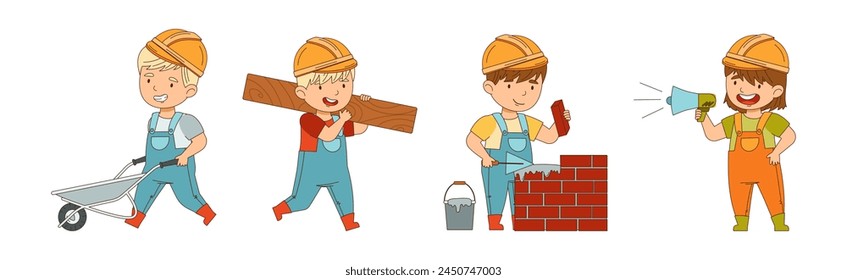 Kids Builder Character Wearing Uniform and Hardhat with Professional Tool Vector Set