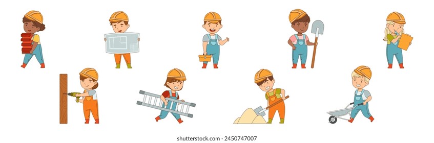 Kids Builder Character Wearing Uniform and Hardhat with Professional Tool Vector Set