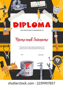 Diploma de constructora de niños, construcción de caricaturas y personajes de herramientas de bricolaje. Certificado de logro profesional o diploma vectorial de apreciación del trabajo con vicio, martillo, cuchillas y llave, pincel de pintura y cubo