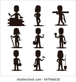 Kids builders characters silhouette vector illustration