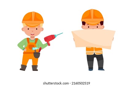 Kids builders set. Cute boys wearing uniform and hardhats with drill and blueprints cartoon vector illustration
