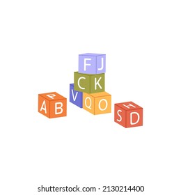 Kids building blocks with alphabet, english letters. Wood ABC cubes, dices for babies, preschool children education, game and playing. Flat vector illustration isolated on white background