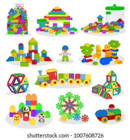 Kids building blocks vector baby toys colorful bricks for construction in playroom where children build or construct tower illustration set of child blocks games isolated on white background