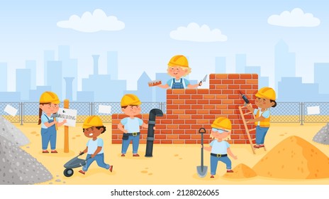 Niños construyendo casas juntas, pequeños constructores con herramientas de construcción. Niños de dibujos animados poniendo ladrillos, empujando la ilustración vectorial de carretillas. Trabajador de construcción con instrumentos