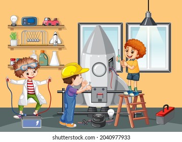 Kids building robot together in the room scene illustration
