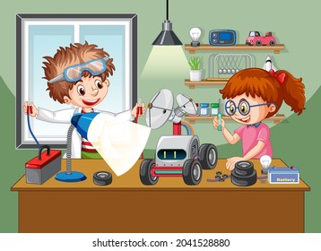 Kids building robot together in the room scene illustration