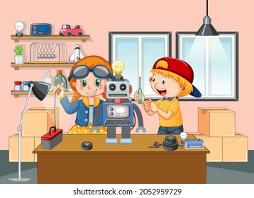 Kids building robot together in the room scene illustration