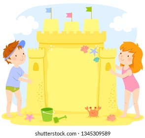 Kids building a sand castle at the beach. The castle contains copy space. 