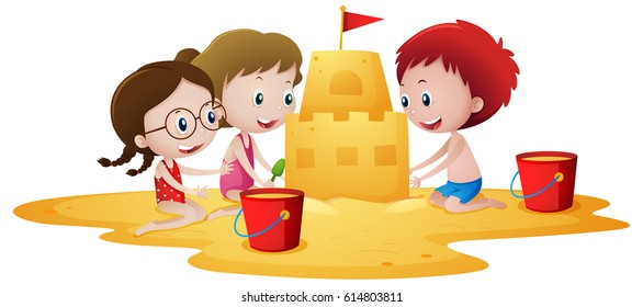 Kids building sandcastle on the beach illustration