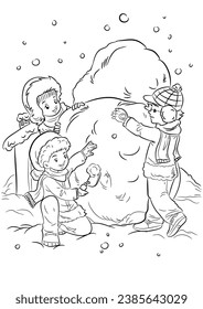Niños construyendo un muñeco de nieve. Ilustración de dibujos animados de vector blanco y negro para una página de libros de color