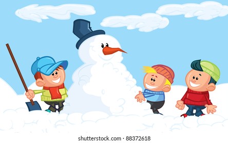 Kids Building A Snowman In The Snow. Blue Sky Behind