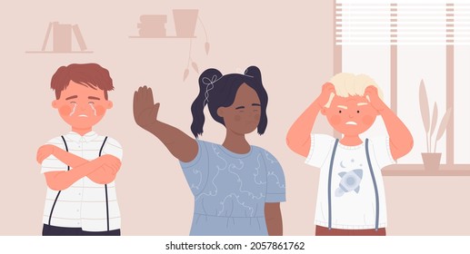 Kids bully, abuse friends students vector illustration. Cartoon victim boy child character crying, girl showing stop gesture to bullying at school, childhood bad behavior problem scene background