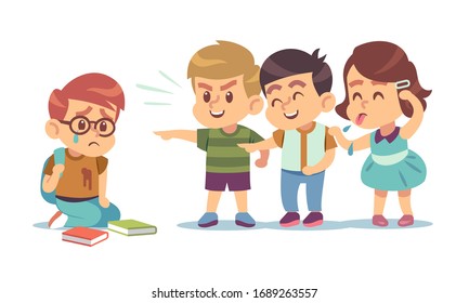 Kids bullying. Humiliation, mocking classmates. Discrimination, abuse and negative school communication social teenage conflict flat vector concept