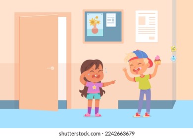 Kids bullying in school corridor vector illustration. Cartoon angry naughty boy hurt little crying girl, aggressive student with bad behavior taunting and teasing unhappy todler, holding cupcake