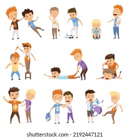 Kids bullying set. Childish bullies or verbal and physical conflict between children. Bad childs behavior, scared and strong angry children conflict, cartoon characters confrontatio