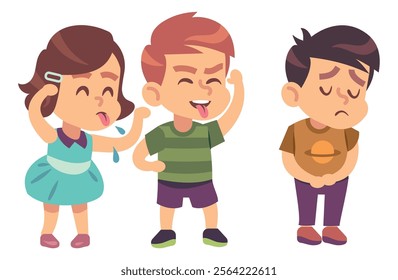 Kids bullying. Verbal and physical social conflict between children, battle abuse, quarrel and mocking classmate, aggressor and victim in school, vector characters cartoon flat illustration