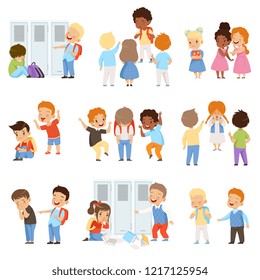 Kids Bullying The Weaks Set, Bad Behavior, Conflict Between Children, Mockery And Bullying At School Vector Illustration